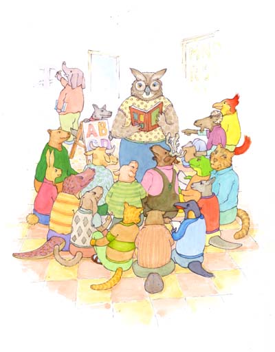 title page illustration titled Class with teacher owl reading to class of animals from other illustrations