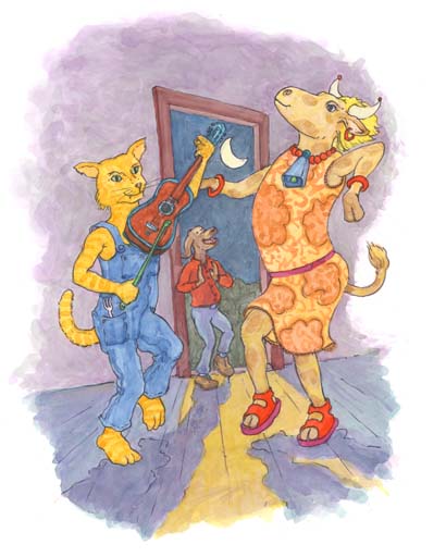 chapter 1 Rhythm & Rhyme illustration of the cat playing his fiddle at a country hoe-down while the cow in an alphabetical dress dances with the little dog laughing
