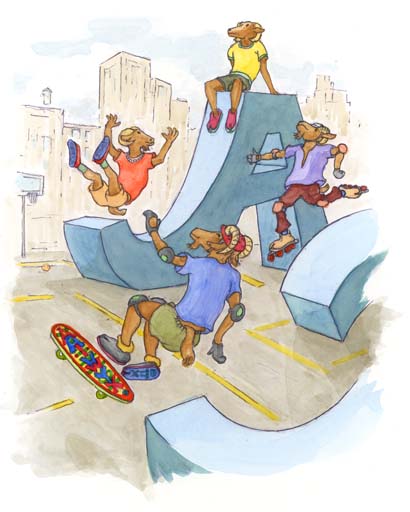 Chapter 6, Playful Pursuits, illustration of a group of urban billy goats playing at an alphabetic skateboard park