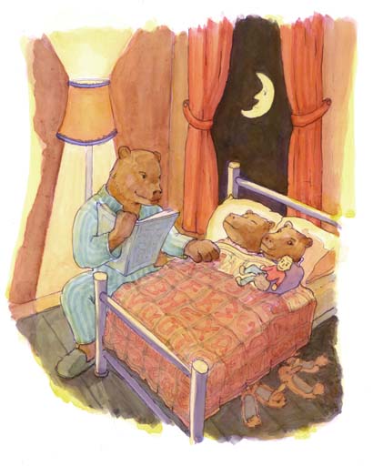 chapter 10 Nighty Night illustration of a father bear reading bedtime stories to two cubs in bed under an alphabetical blanket